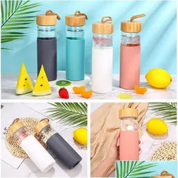 Tumblers Ups 500ml 17oz Borosilikat Cam Su Şişesi İçme Bambu Kapaklar ve Sile Koruyucu Kılıf Damlası Dh206