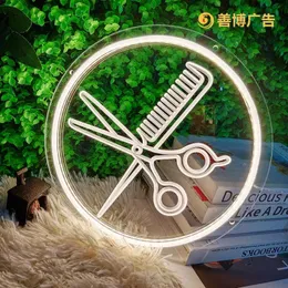 Lampen Schatten LED LED NEON Schild Schere Nägel leuchtende Charaktere Ambiente Licht Barber Shop Comb Hair Salon Room Dekor Luces LED Para Habitacion Y240520leki