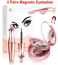 Magnetischer Flüssigkeit Eyeliner und Wimpern mit Make -up -Spiegel Pinzette 2 Paare 3D falsche Wimpern Kit 5 Magnete Wimpern Kein Kleber benötigt R8814640