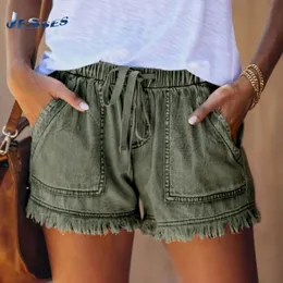 Cantura elástica Casual Womens Alto shorts finos de cano grande tamanho largo e sexy jeans de bolso curto 240510