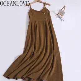 Lässige Kleider Oceanlove Vintage Cordoroy Frauen Solid gegen Hals ärmellose Herbst Winter Vestidos Para Mujer A-Line Long Kleid elegant