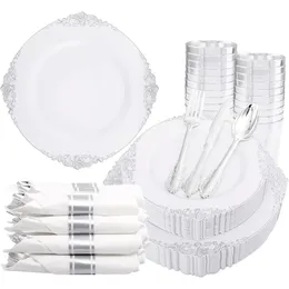 350pcs Silver Disposable Dinnerware Conjuntos 100 Placas descartáveis de prata 150 Prata de prata 50 xícaras e guardanapos 240520