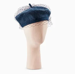 Nuove donne alla moda Birdcage Veils Beret francese inverno Denim Cappello cappello da berretto da berretto Lady Gatsby Caps Blue Berbo Berbo Morsetto caldo regolabile 23926070