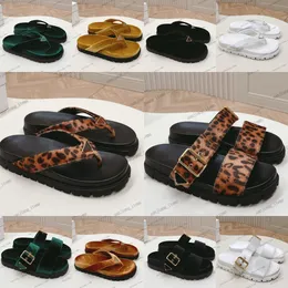 Designer Slippers de pele Pony Horse Hair Slides Triângulo Veludo camurça Tanja Flipe de sandália Double Strap Double Sandals Beach Pool Plataforma Mulas