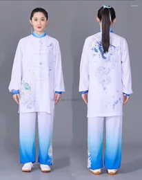 Ethnische Kleidung 2024 Chinesische Vintage Martial Art Uniform Tai Chi Wushu National Blumendruck Taiji Übungstraining Kungfu Tops Hosen Set Set Set