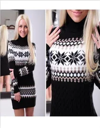 2020 NOVO Design Design Moda Europeia Mulheres039s Turtleneck Manga Longa Floco de Snow Floct Bodycon Slim Sweater Dress Plus7114336