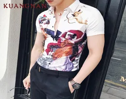 Kuangnan Personality Stampa White Short Short Short Shirt Men Streetwear Shirt Summer Mens Shirts Casual Slim Fit Clothing 20191494316