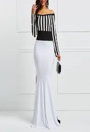 Klokolör kılıf elbise zarif kadınlar shoduder uzun kollu şeritler renk blok beyaz siyah gövde maxi denizkızı parti elbise y1905195759