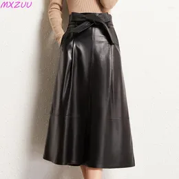 Skirts Black Dress Women Sheepskin High Waist Show Thin A-line Genuine Leather Belt Temperament Jupe Mi Longue Ankle-Length