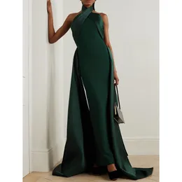 Elegant Long Black Halter Neck Evening Dresses With Side Train Sheath Satin Ankle Length Prom Dress Party Dresses with Puff Sleeves for Women