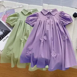 Girl's Dresses Large size summer bow decorated girls dress with small lapel design for casual and comfortable princess dress suitable for children aged 3-14 d240520