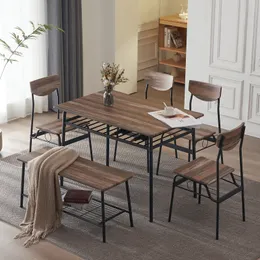 ZK20 6-Piece Modern Dining Set for Home, Kitchen, Dining Room with Storage Racks, Rectangular Table, Bench, 4 Chairs, Steel Frame - Natural Color