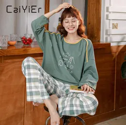 CAIYIER Autumn Winter Cotton Cartoon Pajamas Set Cotton Long Sleeve Top Long Pant Woman Sleepwear Cute Leisure HomeWear Female 21026878