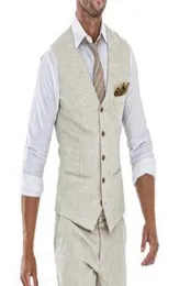 Men039s kamizelki beżowe lniane kamizelki na ślub letni garnitur One Piece Wasitcoat V Neck Custom Groom Tuxedo Wasit Coat Fashion7444272