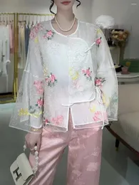 민족 의류 세련된 중국 스타일 O-Neck 디스크 꽃 자수 실크 오르간자 비대칭 버튼 디자인 여성 S-XXL