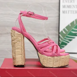 Platform Sandals Famous Designers Womens Shoes Stylish Straw Weaving Sexy Summer Hot 13CM High Heels Luxury Back Strap Chunky Heel Open Toes Sandal 35-41 With Box