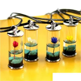 Anhänger Halsketten Frauen Halskette transparente Glasflasche handgefertigt getrocknete Blume Lotus Permanent Konservierung Schmuck Turquoise Wachs Rop Dhiam