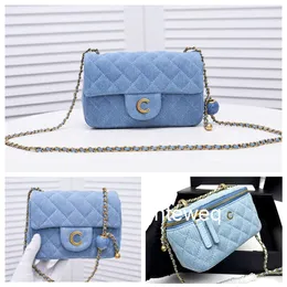 Blå jean designer väska mode kvinnor axelpåsar lyx varumärke kvadrat liten makeup denim mini crossbody chain quilted