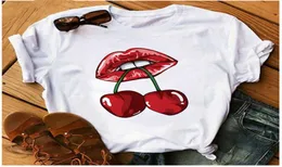 AOWOF Sexy Red Lips Cherry Fruit Tshirt Woman Seductive Lipstick Tshirt Fashion Clothing Harajuku Top Korean Style Female X05278564113