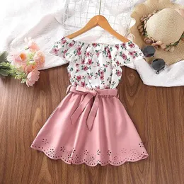 Giyim setleri 4-7 yıl boyunca çocuk kıyafeti bebek çiçek fırfırlı tişört pembe kuşaklı openwork-hem etek tatlı stil kızlar yaz takım elbise