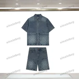 xinxinbuy Men designer Tee t shirt 2024 Italy pocket emboss Letter jacquard pattern denim sets short sleeve cotton women gray black blue Khaki M-3XL