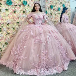 Princesa rosa Quinceanera Vestidos do ombro 3D Floral BEADS Tull Ball vestido Coset Vestido 15 Quinceaneas Dorado Sweet 16