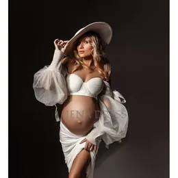 Elfenbein weißer sexy Mutterschaft Tops Kleid für Photoshooting Off-Shoulder Top mit Puffärmelen Schwangerschaftsfotografie Kleid#18728 L2405