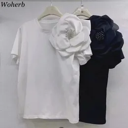 Camisetas femininas para mulheres camisetas de verão o-pescoço curto 3D Floral Chic Beading Y2K 2024 Camiseta casual coreana ROPA MUJER