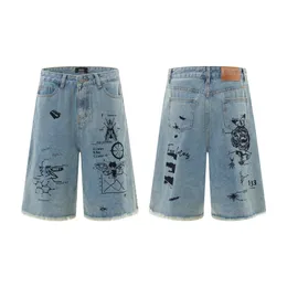 Letra de inseto de rua masculina Carta de gato imprimido barba jeans curta jeans feminino moda joelho largo shorts de perna largo jean azul
