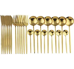 24pcs Gold Dableware Set Stepling нержавеющая сталь. Обесполярная посуда Fork Fork Spoon Praise Safe Cutlery Set Gift1211720