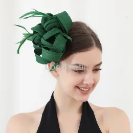 Women Green Fascinator Hats Headband Bride Wedding Feather Chapeu Feminino For Party Dinner Headwear Church Occasion Pillbox Cap