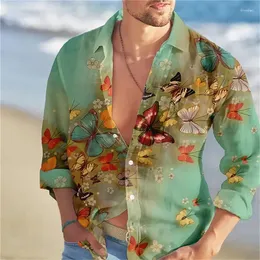 Koszulki męskie sukienki Wysokiej klasy hawajski motyl nadrukowany z długim rękawem jednokierunkowy odzież moda moda wszechstronny projekt 2024