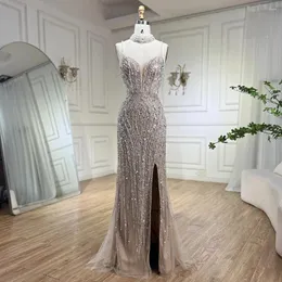 파티 드레스 Serene Hill Silver Nude Mermaid Spaghetti with Split Strap Beaded Evening From Gown for Woman 2024 LA72047B