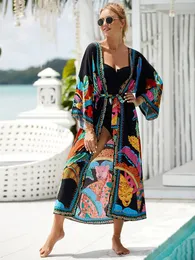 Bohemian bedruckter Gürtel Kimono Plus Größe Batwing -Ärmelkleid Sommer Herbst 2023 Frauen Lose Beachwear Badeanzug Sarong Q1 240517