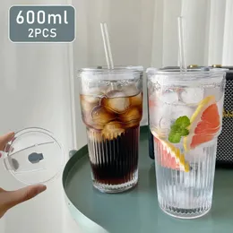 2st 600 ml randglaskopp med lock och halm transparenta dricksglasögon för juice vatten iska kaffekoppar drickmugg 240510