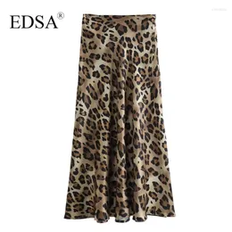 Saias edsa feminino leopardo cetim midi saia alta cintura lateral zíper impressão animal long 2024 verão casual feminino streetwear