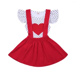 Kläderuppsättningar Citgeesummer Valentine's Day Kids Girls Kjol Två stycken Passar Polka Dot Heart Sleeve T-shirt och Red Suspender Set