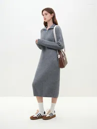 Casual Dresses FSLE Minimal Commuter Straight Knit Dress Mid Length Lapel Half Zip Grey Full Sleeve High Waist Women Loose
