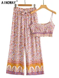 Stampa floreale rosa Donne a due pezzi Outfit Topsonni a maniche pantaloni a gamba bohémien 2 pezzi Rayon Cotton Boho Siet 240516