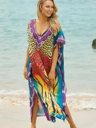 Sunforyou Leopar Baskı Kafftan Elbiseler Kadınlar için Artı Beden Mayo Örtü Sliky Caftans Loungewear Robe Pareos Beachwear