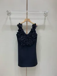 Designer -Kleid 2024 Sommerstickstil Haufen Blume Deep V Off Back Vintage Sling Black Kleid