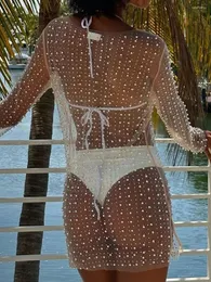 Sexy See Through Pearls Coń w sukience dla kobiet Sheer High Slit Bikini Swimsuit Letnia plaża