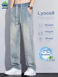 Mäns jeans ly uppgraderad Summer Thin Soft Lyocell Fabric Retro Loose Denim Pants Pendant Wide Leg Byxor Male Plus Size 5xl