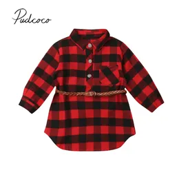 2024 Brand Christmas Infant Kid Baby Girl Langes Hemdkleid mit langem Ärmel rotes Plaid gerade knielangen Kleidsgürtel 0-5y 240518