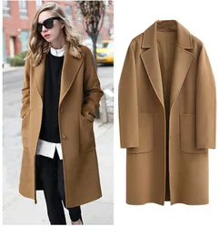 Designer Winter Black Casat for Women Women Wide Lapeel Pocket Ploth Ploth Polyester Blend Casat Oversize Long Trench Coats OU5329356