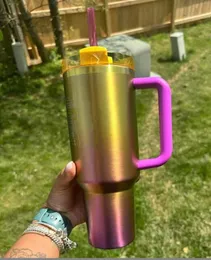 DHL New 40oz Cobrand Sunset Bradient Adventure Quencher H2.0 Tumbler Ombre Stains Steel Coups مع مقبض السيليكون القش نيون أبيض وردي.