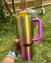 DHL New 40oz Cobrand Sunset Gradient Adventure Quencher H2.0 Tumbler Ombre Edelstahlbecher mit Silikongriff Deckel Stroh Neon weiß rosa Reisewagenbecher