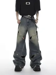 Houzhou Wide Leg Jeans Pants Men Streetwear Baggy Ejressed Denim Trousers Male Oversize Hollow Out Casual Korean Hip Hop 240520