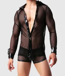 Przezroczysta siatka podkoszulek mężczyzn Bodysuit Singlets seksowne widzenie przez koszule erotyczne bokserki gejowskie kostiumy nocne Klub Performance Suit7940524