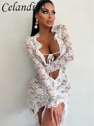 Casual Dresses Celandine Fashion Lace See Through Ruffles Tie Front Mini Dress Fringe For Women Club Party Long Sleeve Sexy BodyCon
